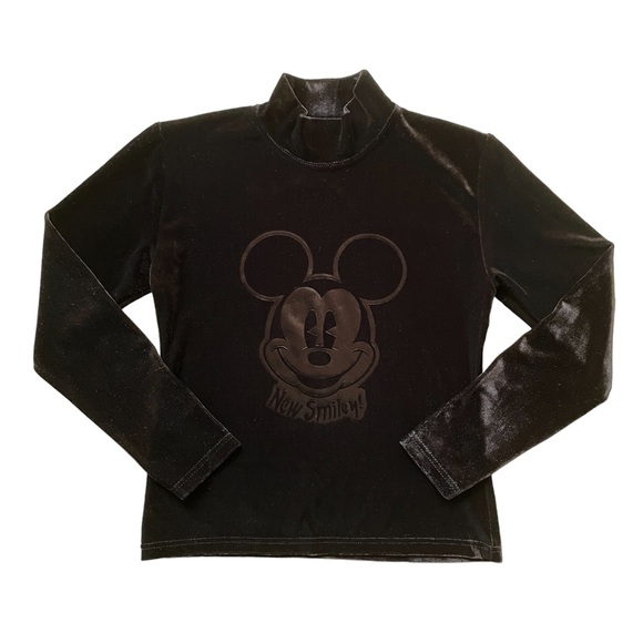 Black / Deep Brown Velvet Mickey Mouse Mock Neck Long Sleeve Top Medium - Picture 1 of 4